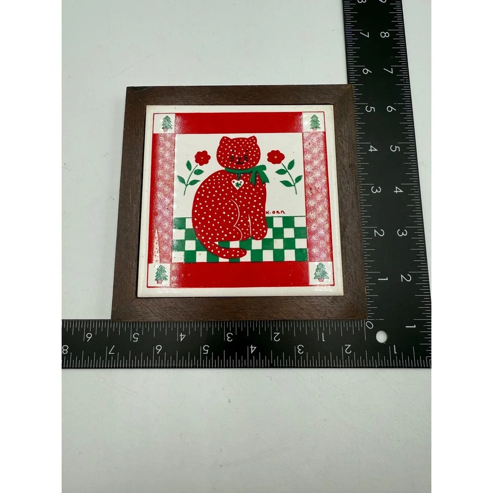 Vintage K. Orr‎ Red Polka Dot Cat Ceramic Tile Trivet Framed Wall Art 6x6